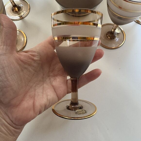 7 Pc. Vtg Bohemian Crystal Frost Amber Glass Gold Embossed Decanter Set Stemware - Picture 11 of 15